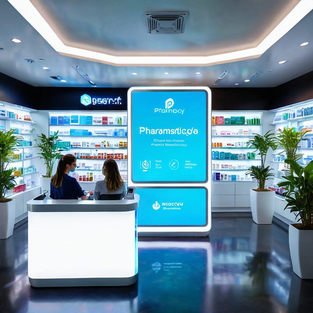 A futuristic pharmacy filled with bright, vibrant colors showcasing various digital devices and people joyfully interacting with them. Include elements like a smiling pharmacist advising a customer, holographic medicine displays, and serene indoor plants to symbolize well-being and relaxation. A large digital screen displaying cheerful health tips in the background. super-realistic. vibrant colors. modern design.